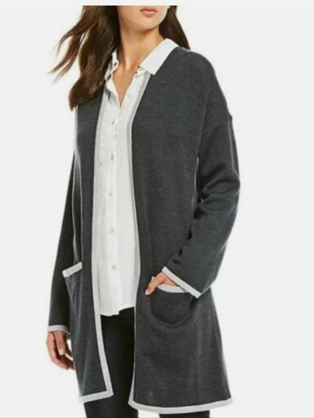 Eileen Fisher Knit Fine Merino Wool Open Front Cardigan - Charcoal - M